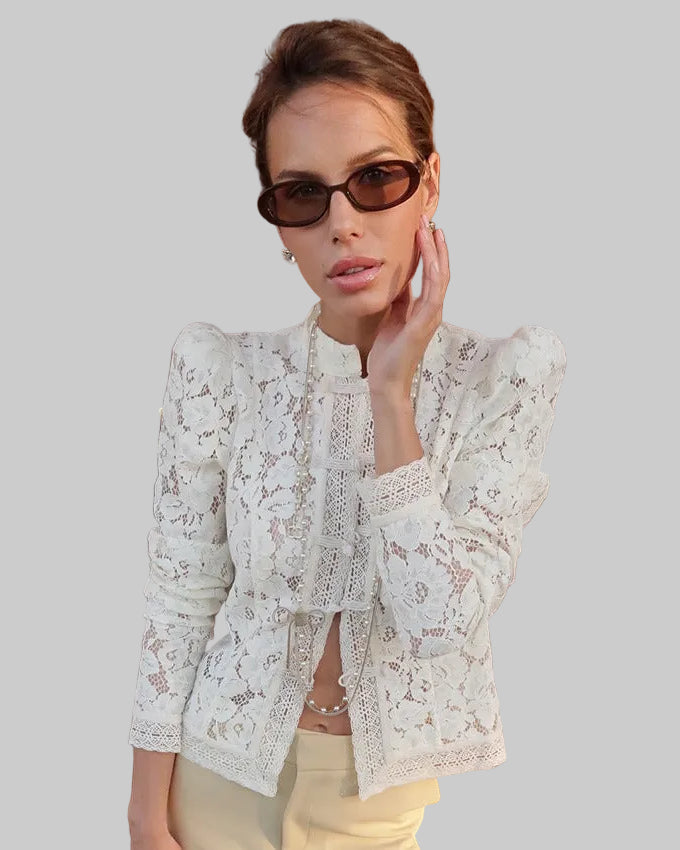 Women's Slim Lace Blouse – Puff Sleeves & High Collar