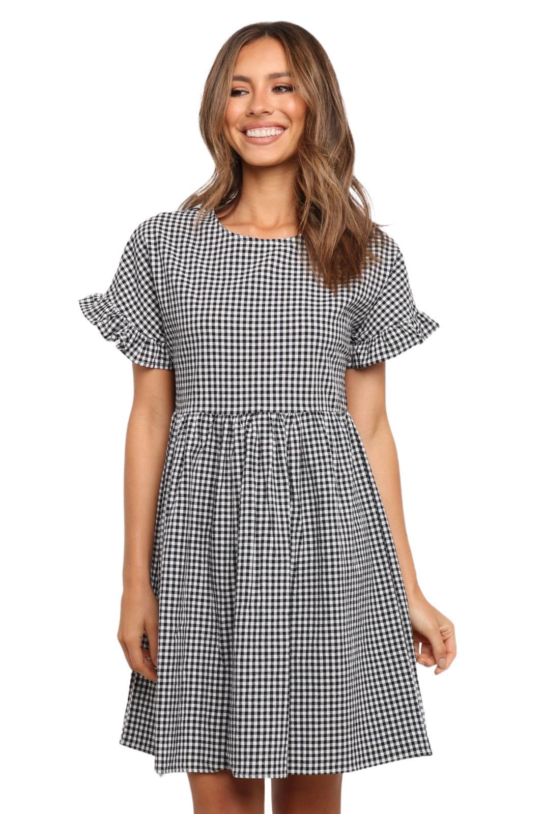Vestito Mini Donna in Cotone – Maniche Corte con Volant a Quadretti