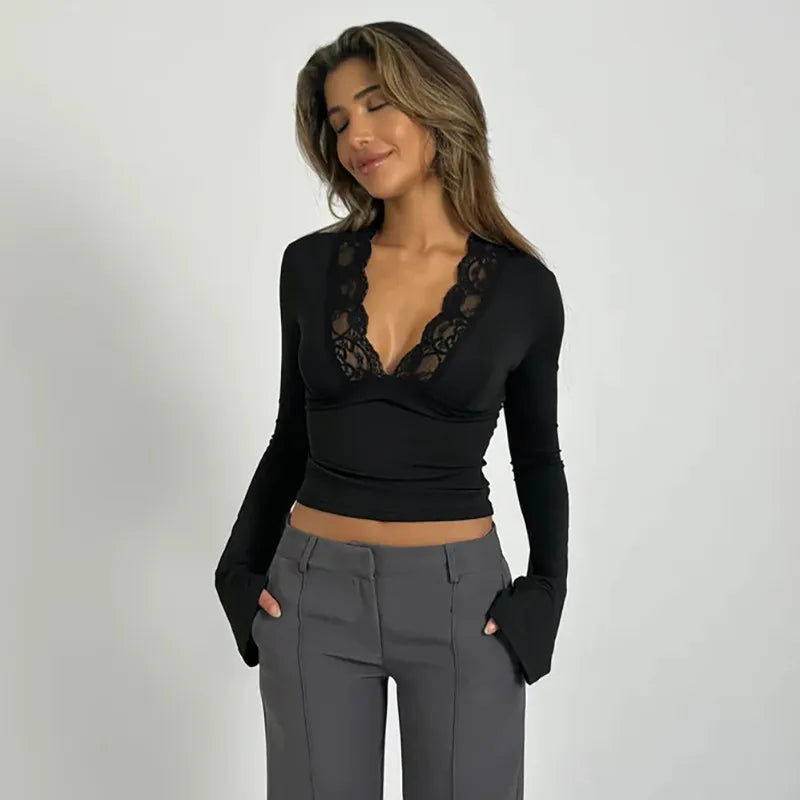 Women's Long Sleeve V-Neck Blouse – Slim Fit with Lace Collar