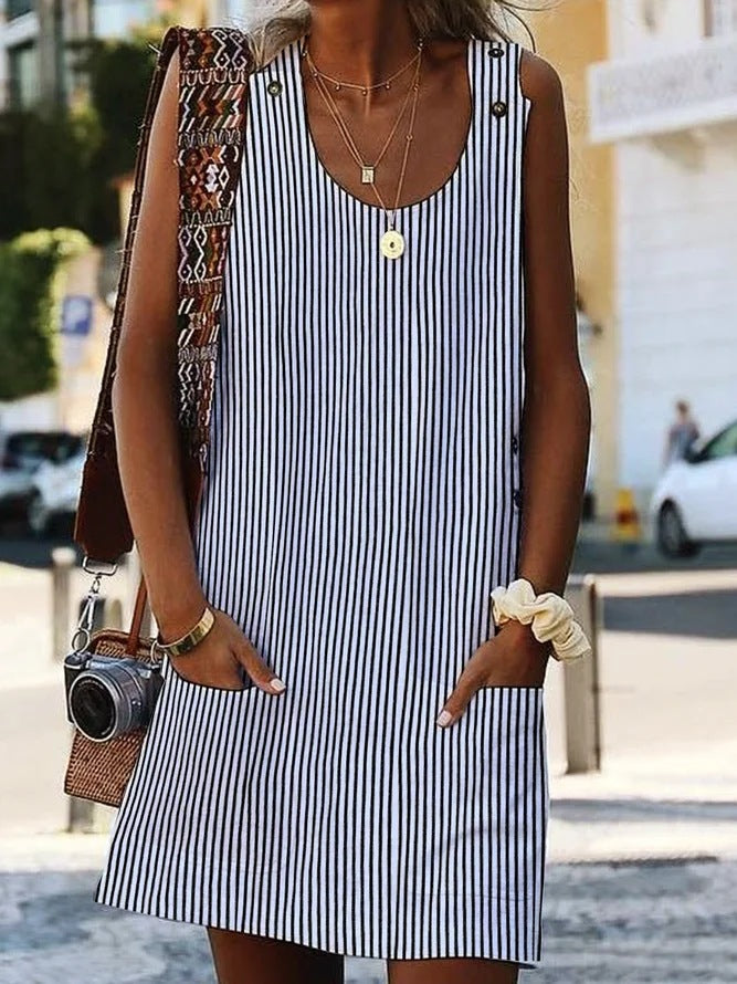 Vestito casual da donna a righe – collo rotondo e dettagli con bottoni