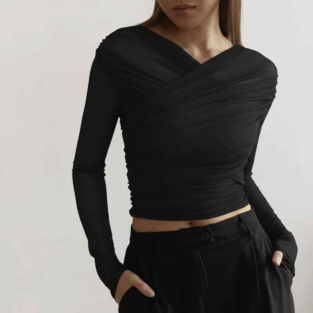 Top plisado de manga larga para mujer – Corte entallado elegante
