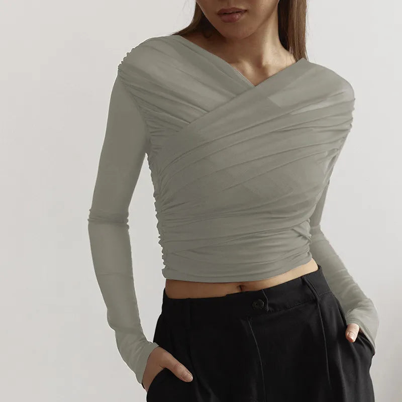 Top plisado de manga larga para mujer – Corte entallado elegante