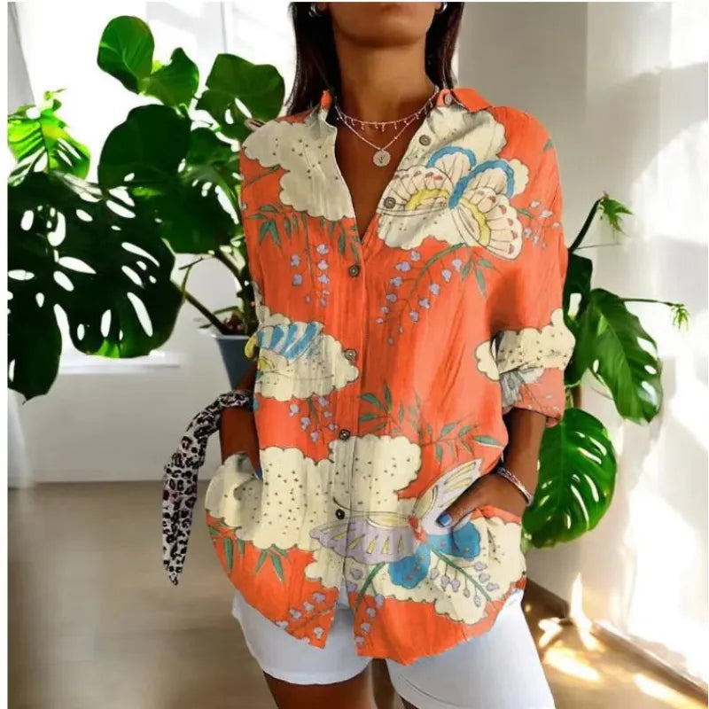 Women's Floral Print Shirt – Relaxed Fit with Mandarin Collar