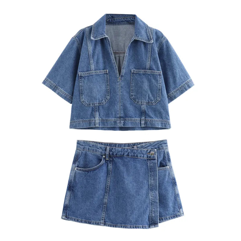 Completo Due Pezzi Donna in Jeans – Camicia Crop & Gonna Pantalone Asimmetrica