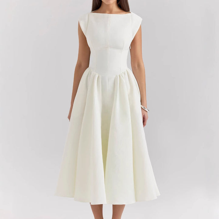 Abito midi donna senza maniche schiena scoperta – scollo rotondo fluido
