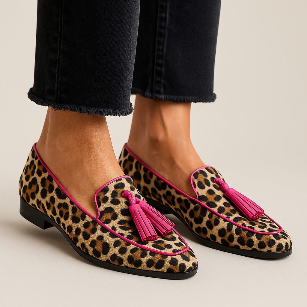 Mocassini da donna con stampa leopardata – camoscio con frange e senza lacci