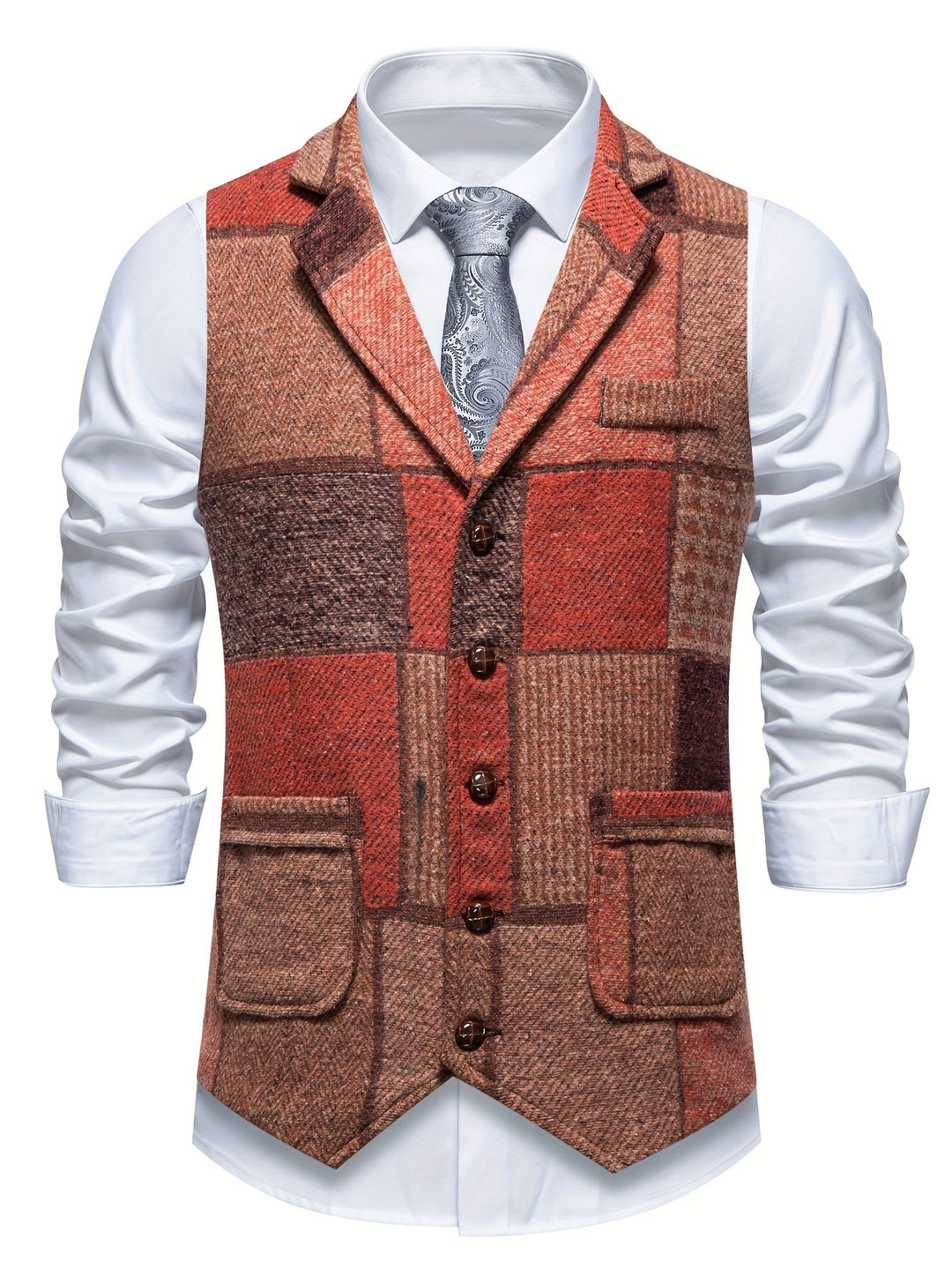Herren Weste im Patchwork-Chevron-Stil aus Tweed – Kerbkragen und Knopfverschluss