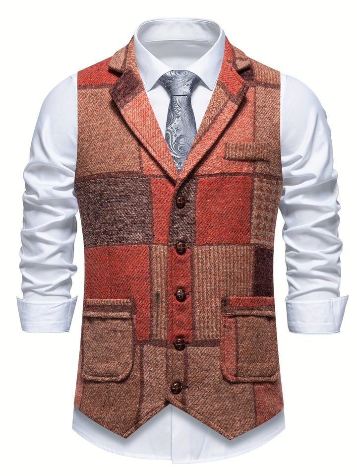 Herren Weste im Patchwork-Chevron-Stil aus Tweed – Kerbkragen und Knopfverschluss