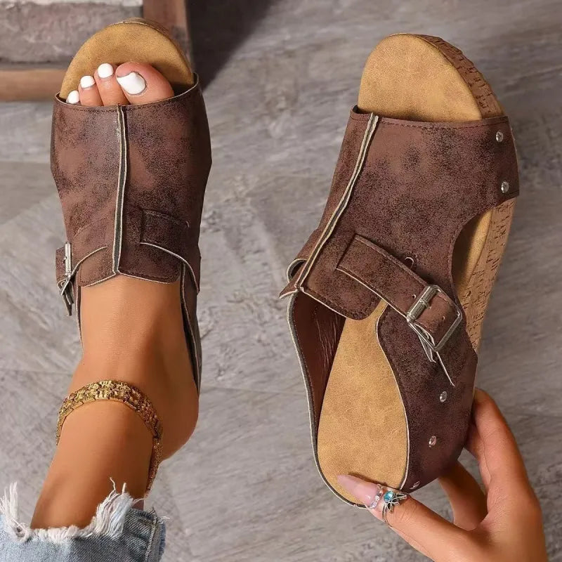Women's Wedge Sandals – Cork-Effect Sole and Decorative Studs
