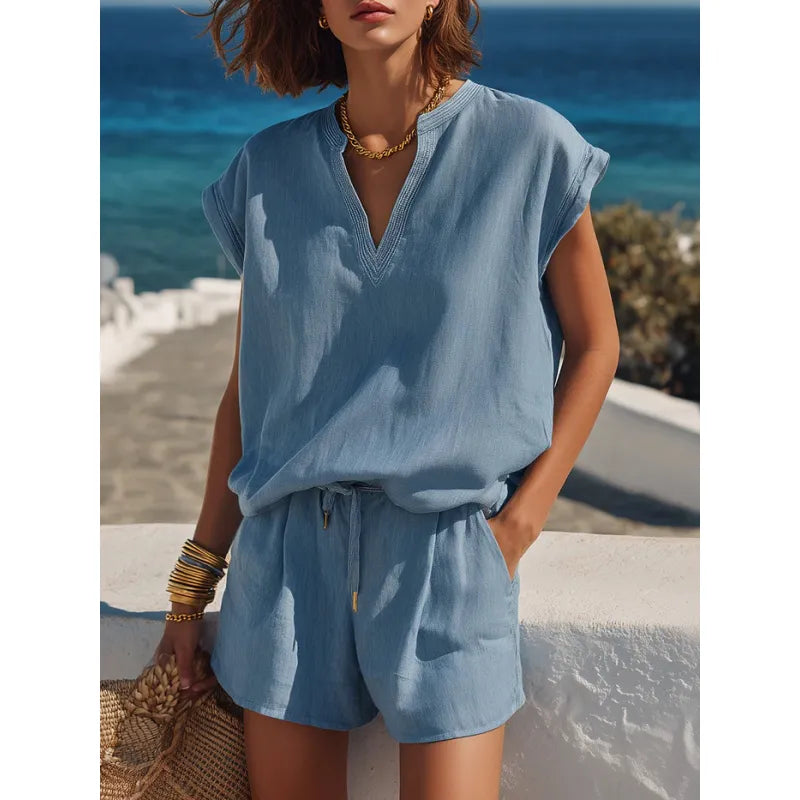 Completo Due Pezzi Donna con Maniche Corte e Scollo a V – Coordinato Corto Casual
