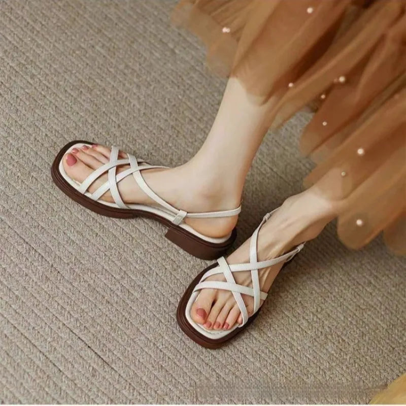 Women's Flat Sandals with Crossed Straps – Square Toe with Buckle