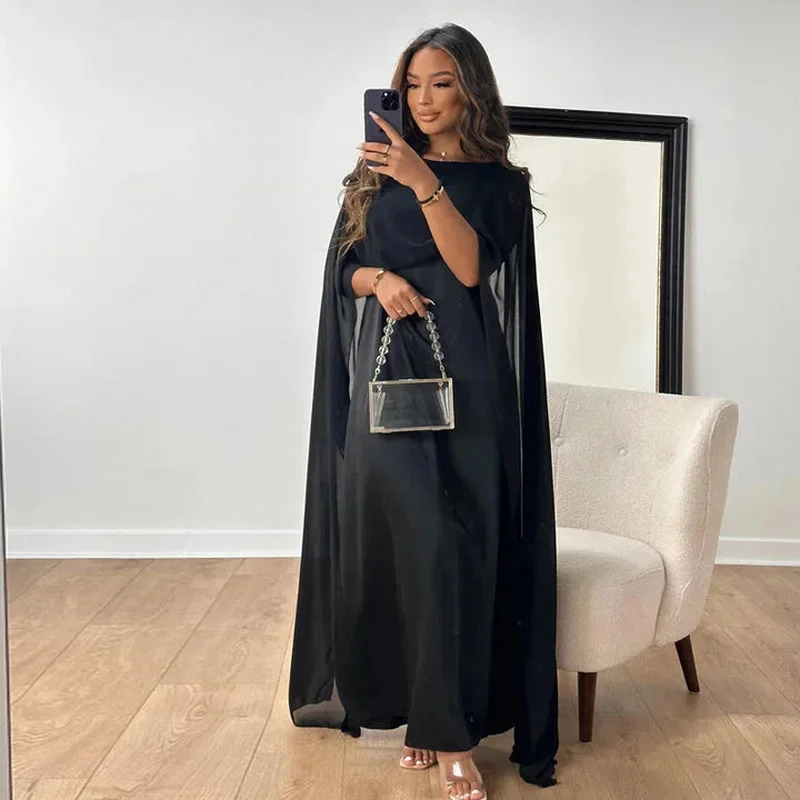Abito maxi donna in chiffon con maniche a mantella – collo tondo, silhouette fluida