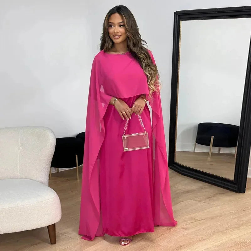 Abito maxi donna in chiffon con maniche a mantella – collo tondo, silhouette fluida