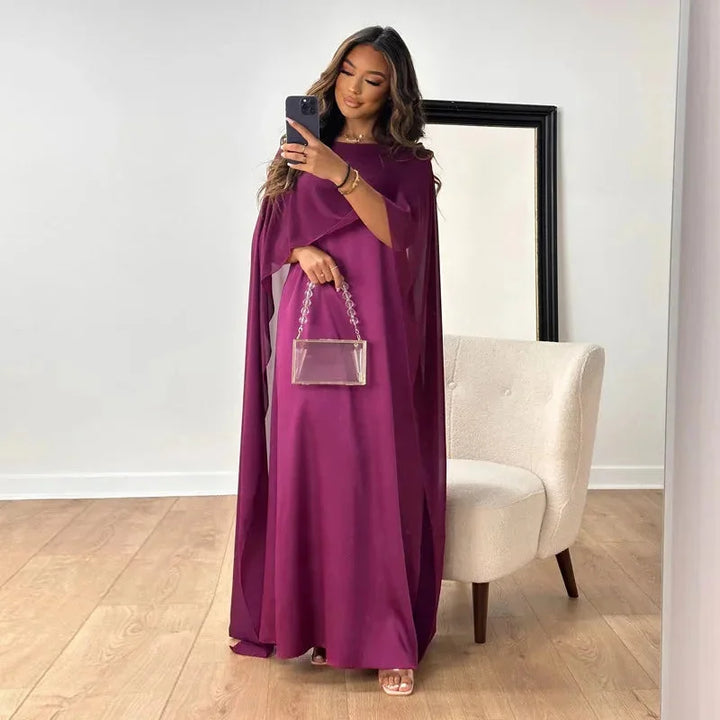 Abito maxi donna in chiffon con maniche a mantella – collo tondo, silhouette fluida