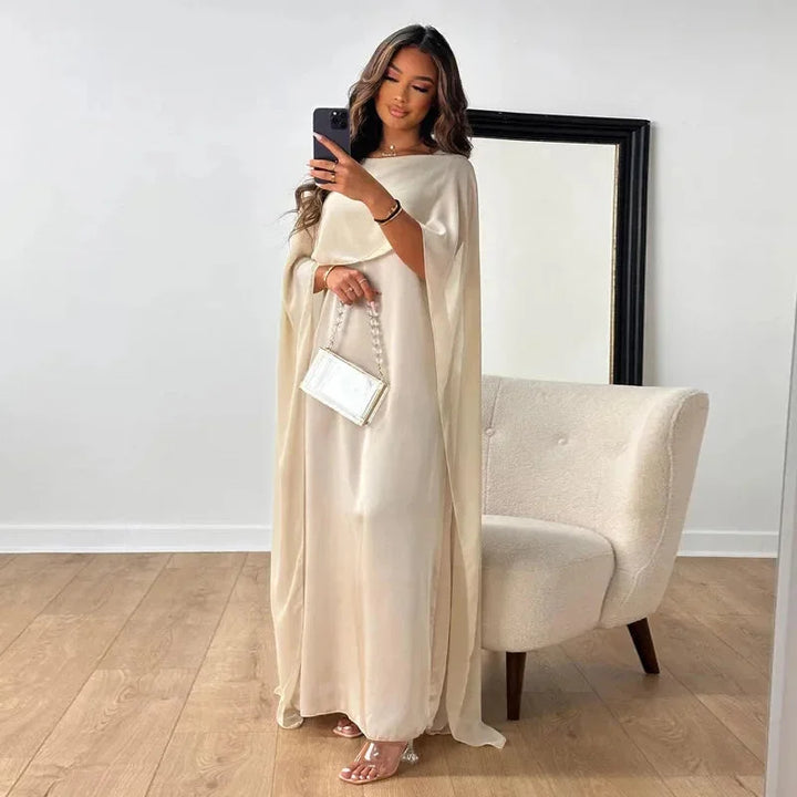 Abito maxi donna in chiffon con maniche a mantella – collo tondo, silhouette fluida
