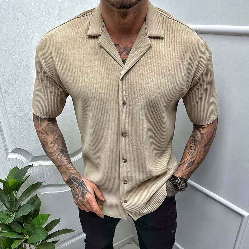 Men's Ribbed Knit Camp Collar Shirt – Short Sleeves with Buttons
