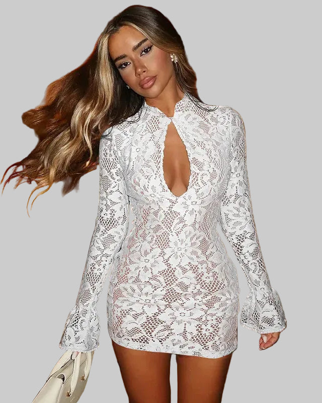 Mini-Kleid für Damen aus Spitze mit Cut-Outs – Eng anliegende Langarmversion