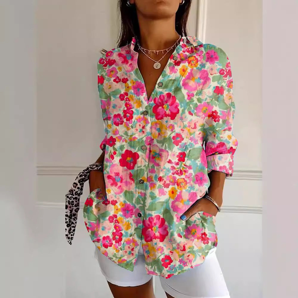 Women's Floral Print Shirt – Relaxed Fit with Mandarin Collar