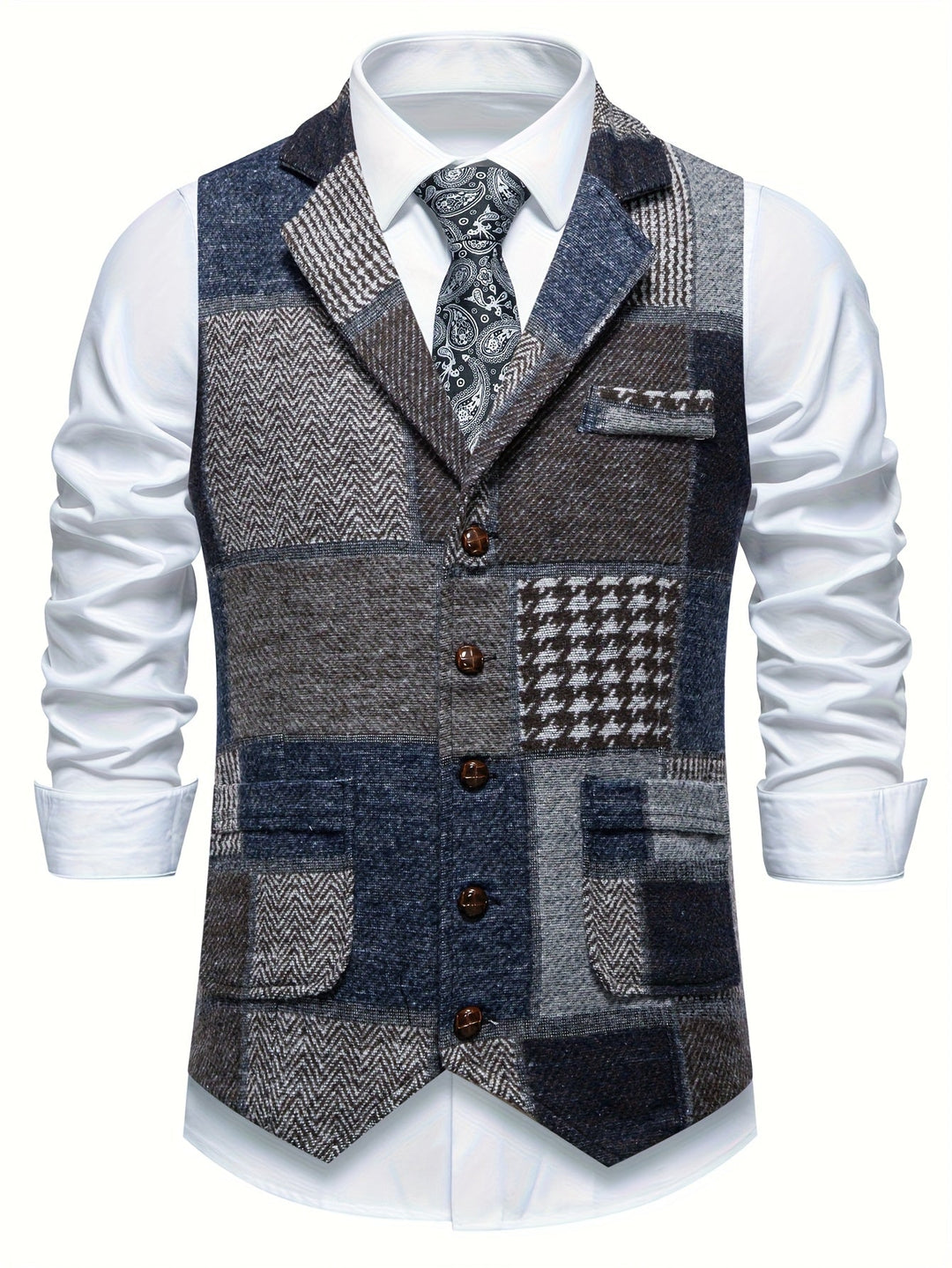 Herren Weste im Patchwork-Chevron-Stil aus Tweed – Kerbkragen und Knopfverschluss