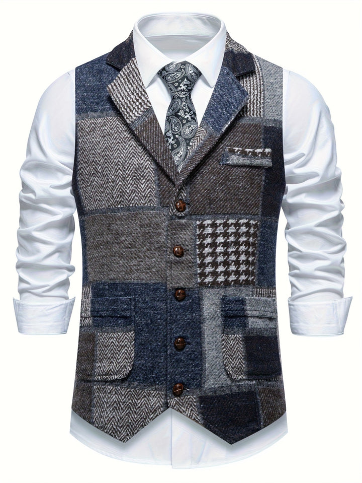Herren Weste im Patchwork-Chevron-Stil aus Tweed – Kerbkragen und Knopfverschluss