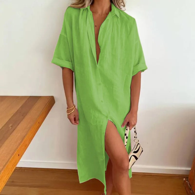 Vestito midi da donna in misto cotone-lino – Collo camicia, taglio casual
