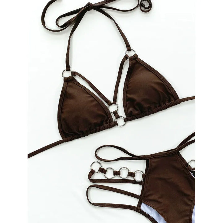 Zweiteiliger Damenbikini mit Trägern – Mesh-Ausschnitte und Metallring