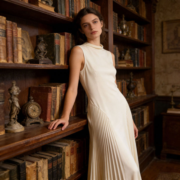 Langes Plissiertes Damenkleid – Figurbetonte Silhouette und fließender Rock