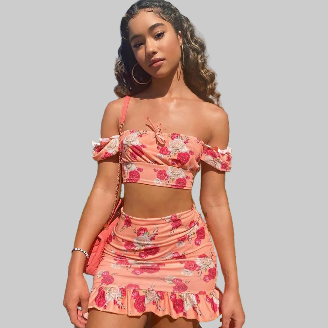 Women's Two-Piece Floral Set – Bardot Top & Ruffled Mini Skirt