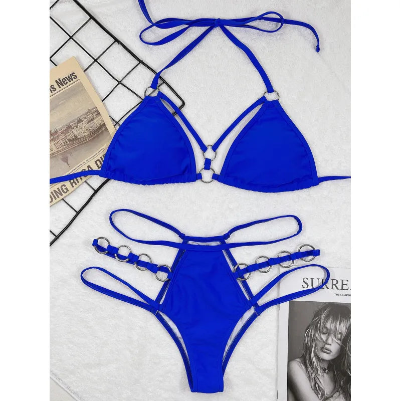 Zweiteiliger Damenbikini mit Trägern – Mesh-Ausschnitte und Metallring