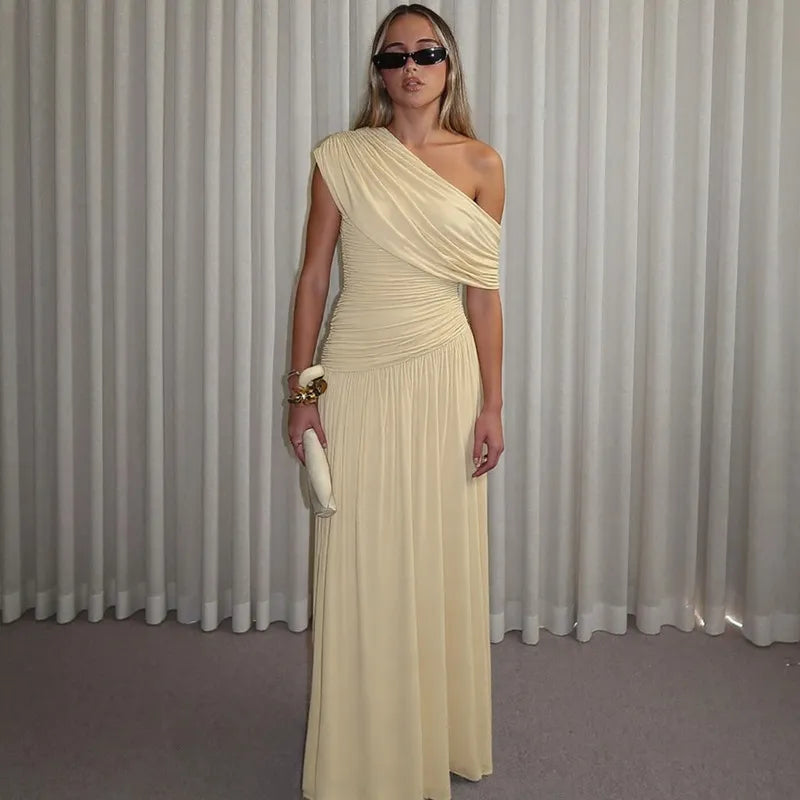 Long Women's Dress with Off-Shoulder and Ruching – Flowing Floor-Length Silhouette