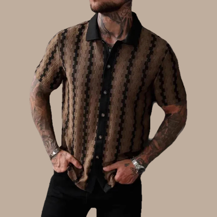 Men's Short Sleeve Shirt with Geometric Stripes – Structured Textured Fabric