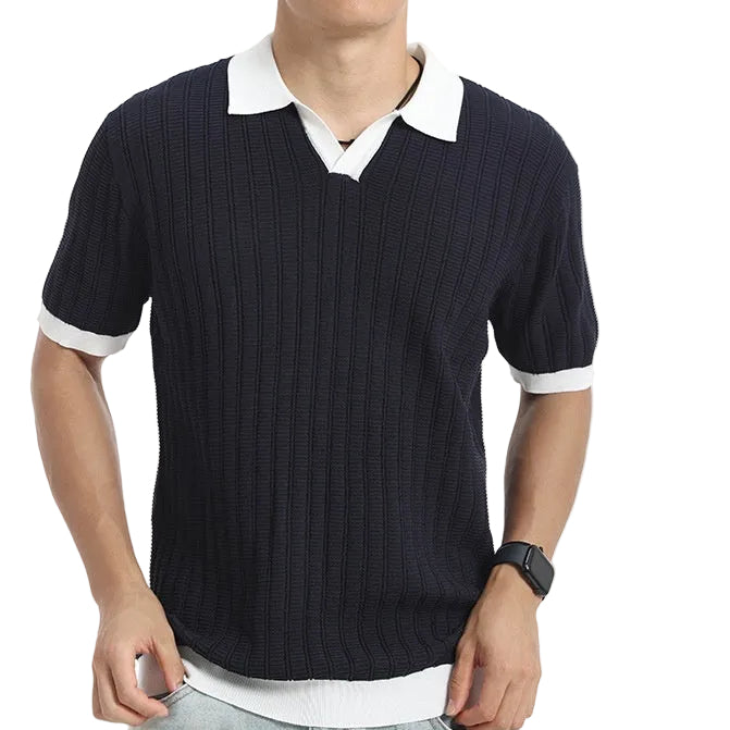 Polo da uomo in maglia coste – Collo a V con bordo a contrasto