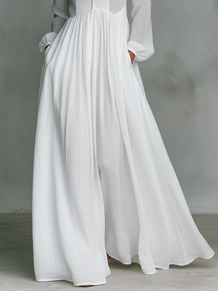 Damen Langes Plissiertes Kleid – Leicht Lange Ärmel A-Linien-Schnitt Ausgestellter Saum