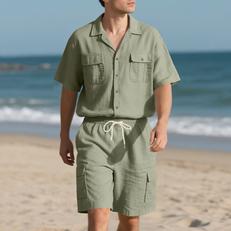 Completo Uomo Lino – Camicia con Colletto &amp; Pantaloncini Cargo Traspiranti