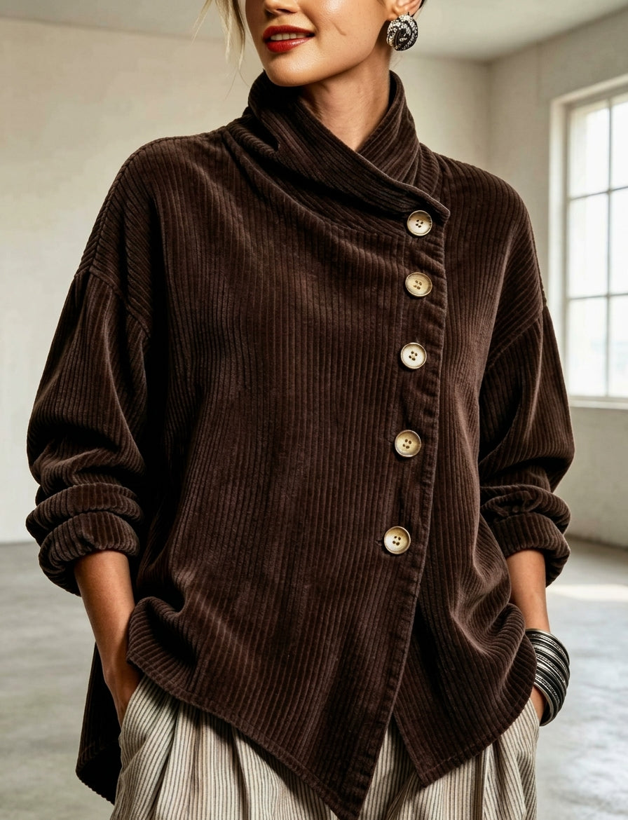 Veste Femme en Velours Côtelé – Col Haut Asymétrique Moderne