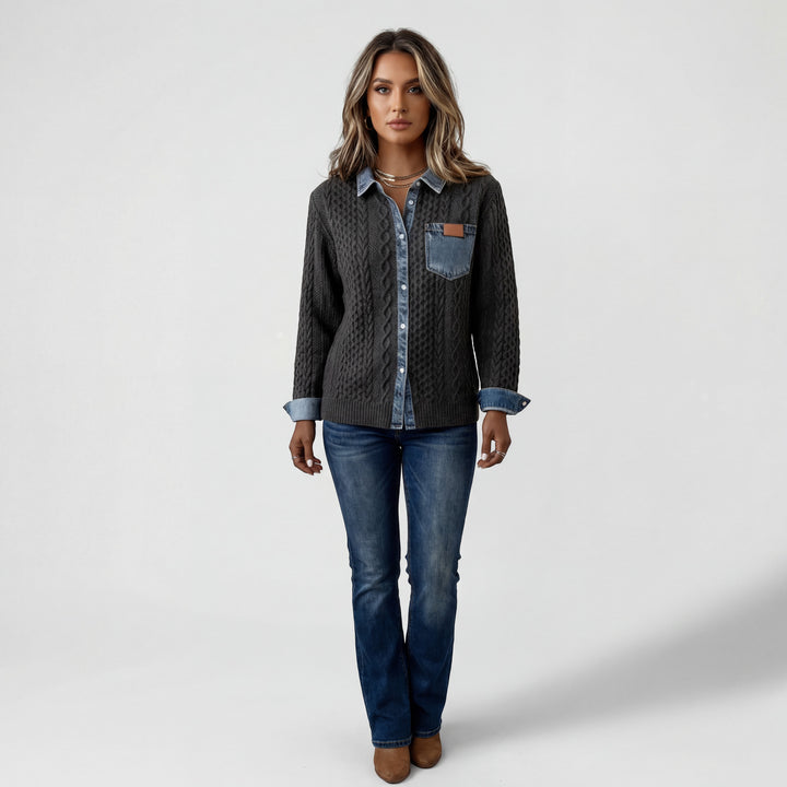Patchwork Jeans Strickhemd für Damen – Knopfleiste, Lässiger Schnitt