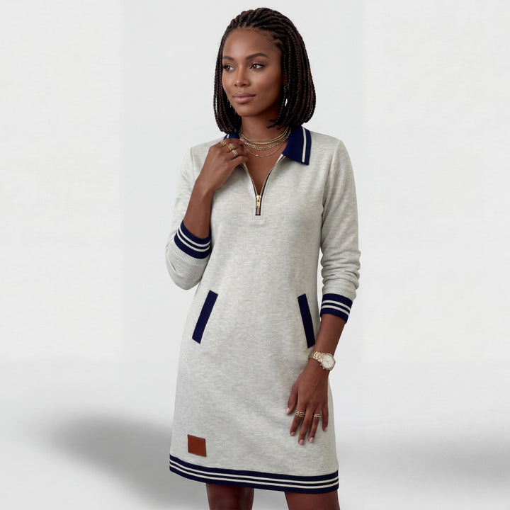 Sportliches Mini-Kleid Damen mit Reißverschluss am Kragen – Lange Ärmel | Baumwollmischung