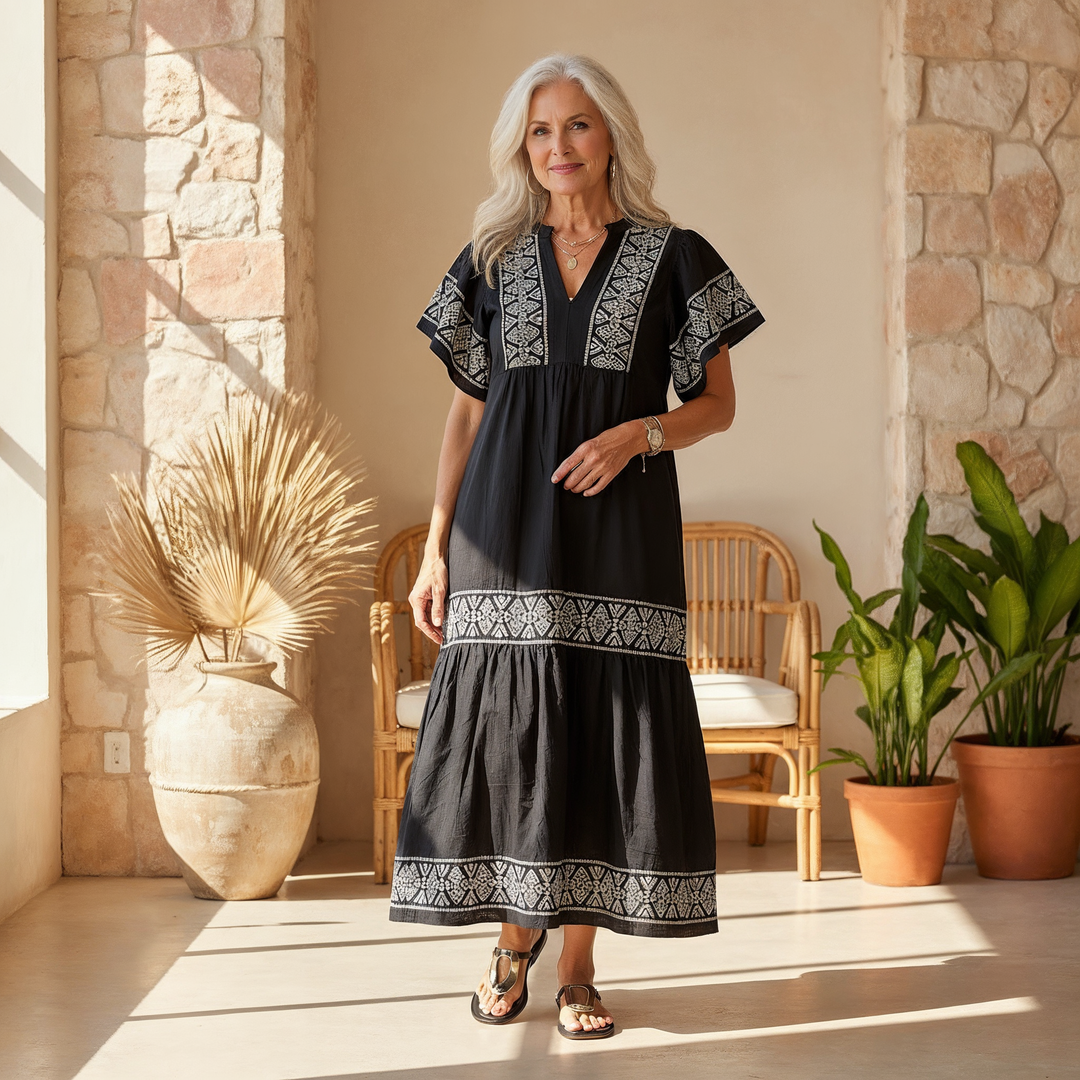 Boho-Midikleid für Damen aus Baumwolle – V-Ausschnitt mit bestickten Details