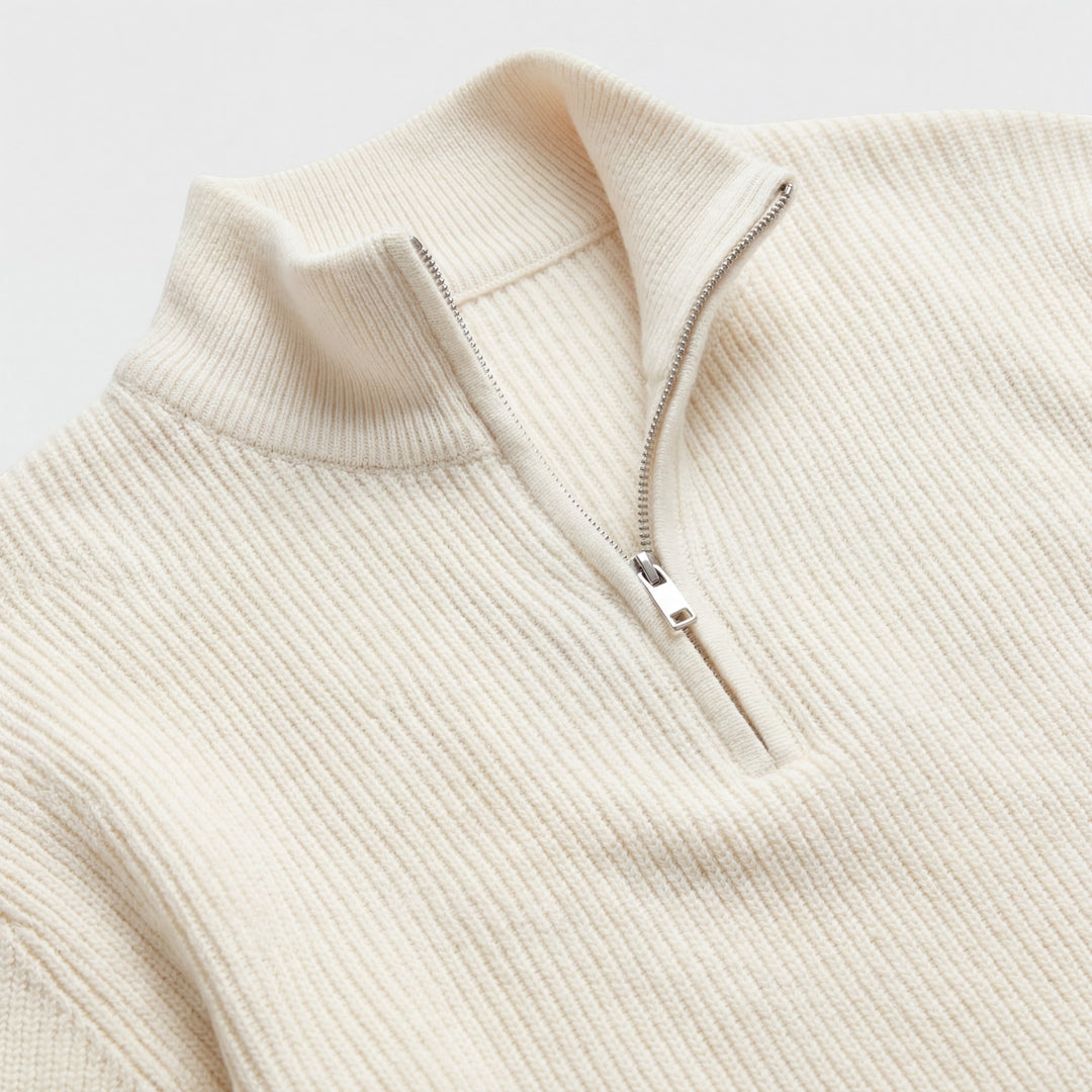 Herrenpullover aus Feinstrick mit halbem Reißverschluss – Stehkragen