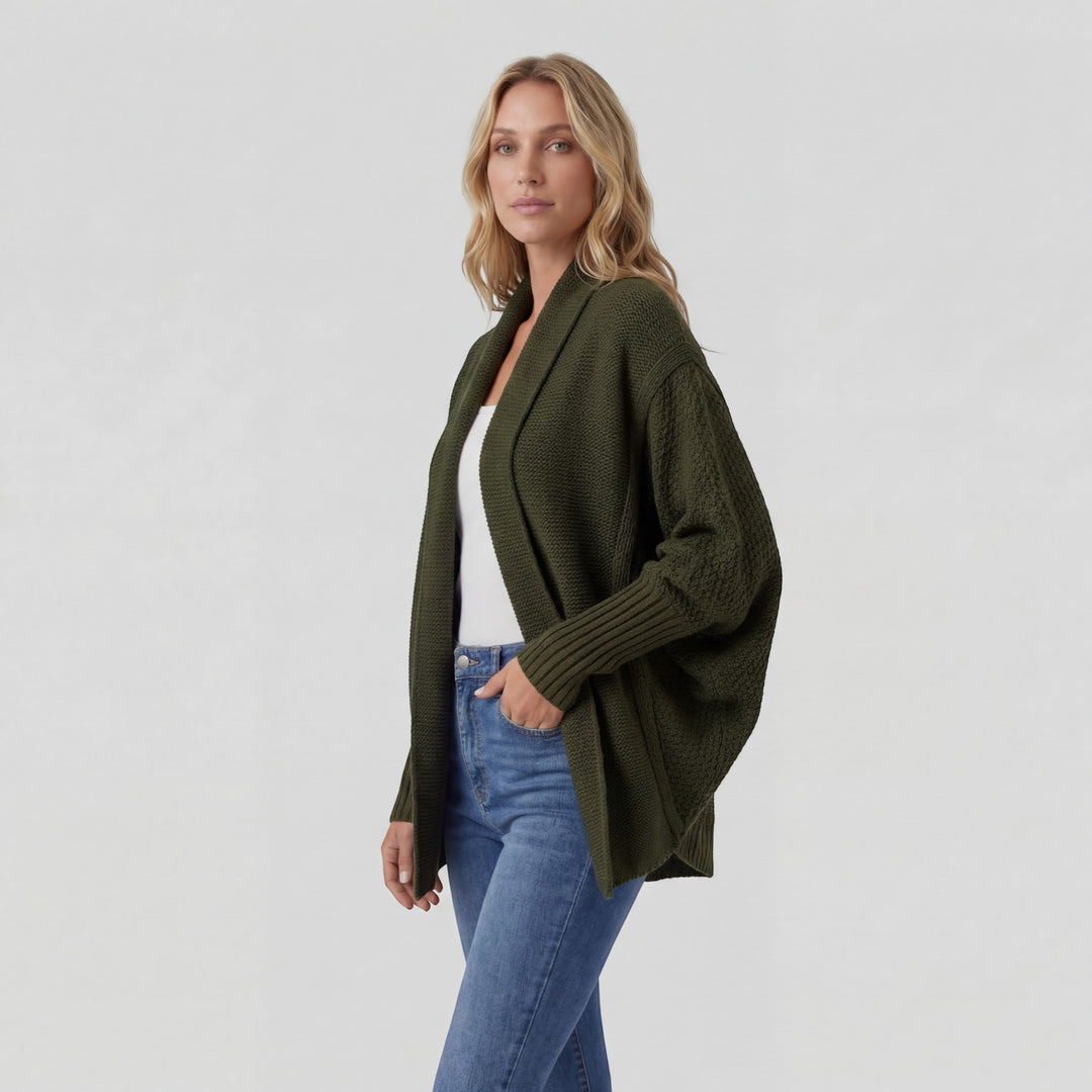 Damen Cardigan aus gemischtem Acrylstrick – Fledermausärmel, weiter offener Schnitt