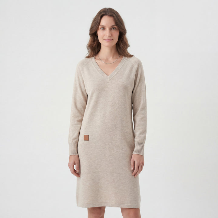 Midikleid Damen V-Ausschnitt Lange Ärmel – Gerade Legere Passform | Weiche Strickware