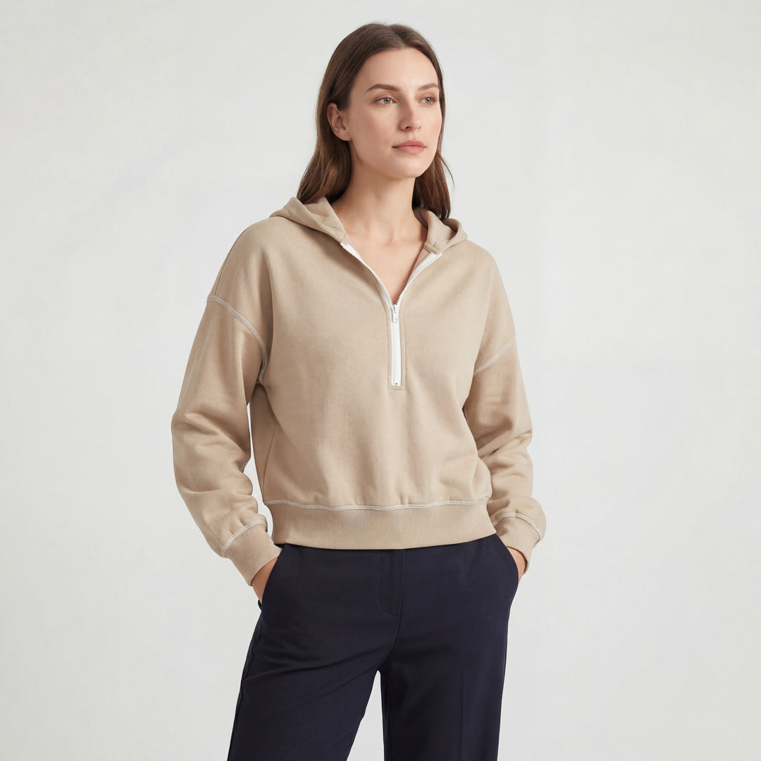 Kurzer Kapuzenpullover aus Mischbaumwolle für Damen – Halb-Reißverschluss, Weiter Schnitt