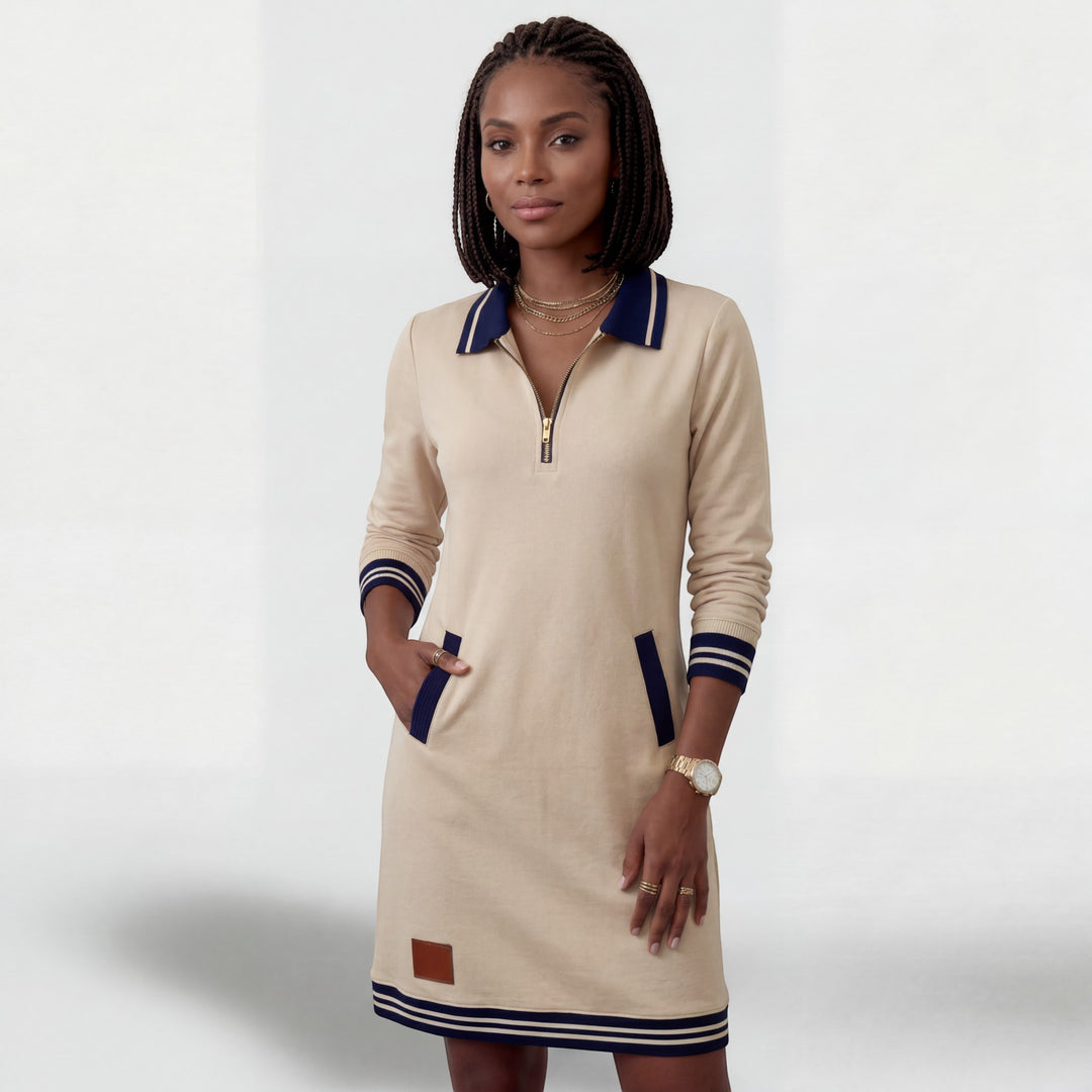 Sportliches Mini-Kleid Damen mit Reißverschluss am Kragen – Lange Ärmel | Baumwollmischung
