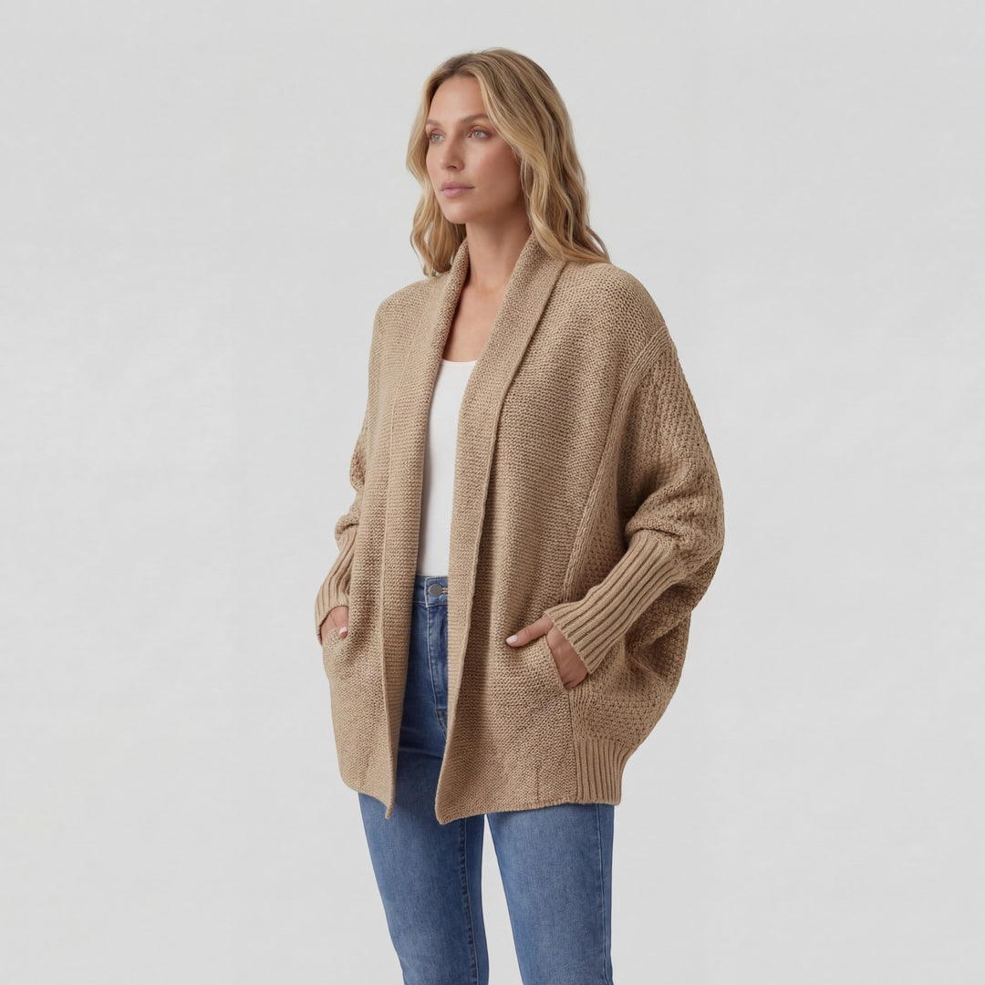 Damen Cardigan aus gemischtem Acrylstrick – Fledermausärmel, weiter offener Schnitt