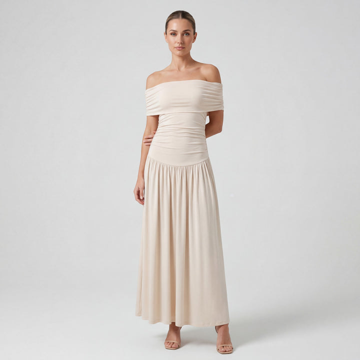 Claire Mode | Damen langes, plissiertes Kleid mit schulterfreiem Schnitt