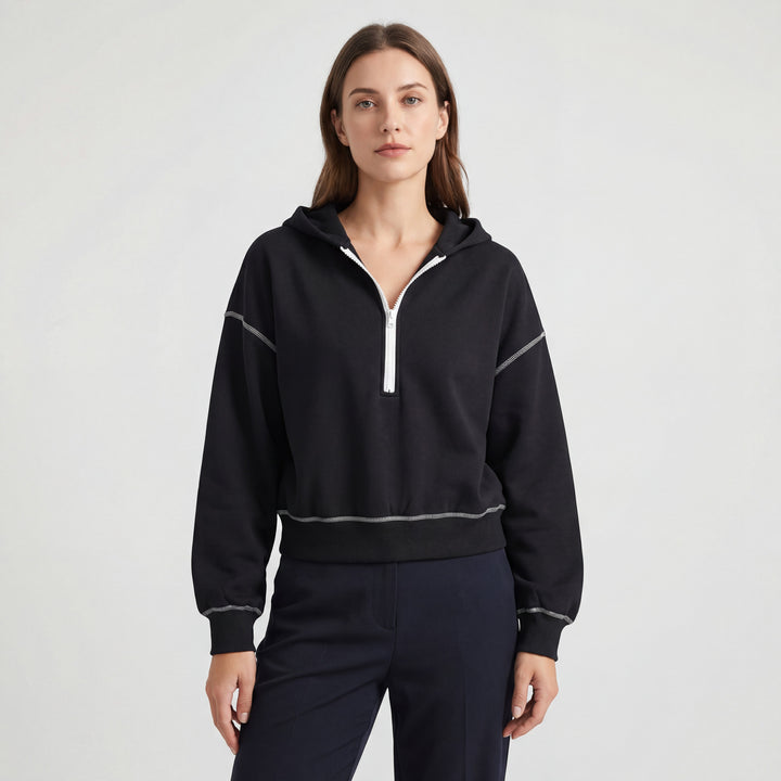 Kurzer Kapuzenpullover aus Mischbaumwolle für Damen – Halb-Reißverschluss, Weiter Schnitt