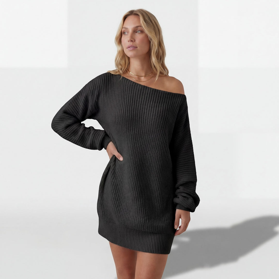 Damen Strickkleid mit Struktur – Mini-Kleid mit schulterfreiem Schnitt