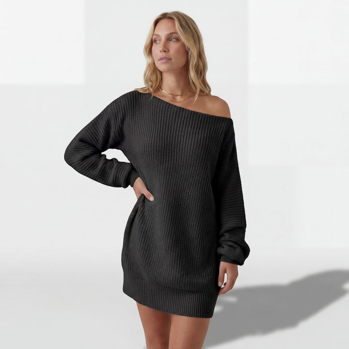 Damen Strickkleid mit Struktur – Mini-Kleid mit schulterfreiem Schnitt