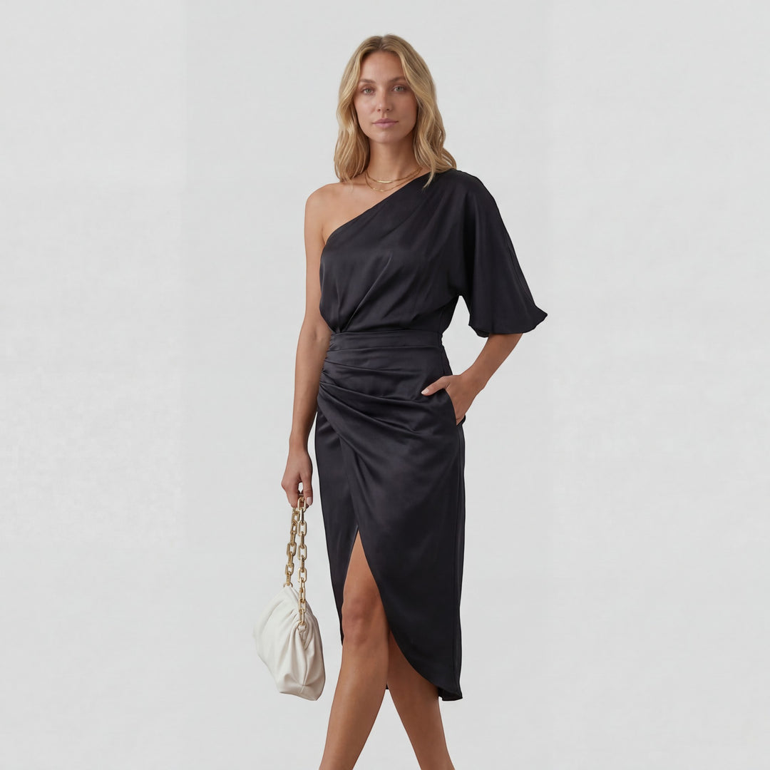 Asymmetrisches Abendkleid für Damen mit einer Schulter – Slim Fit Midi mit Schlitz | Baumwollmischung