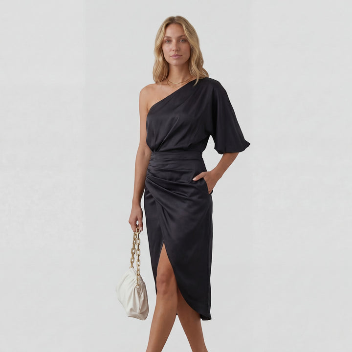 Asymmetrisches Abendkleid für Damen mit einer Schulter – Slim Fit Midi mit Schlitz | Baumwollmischung